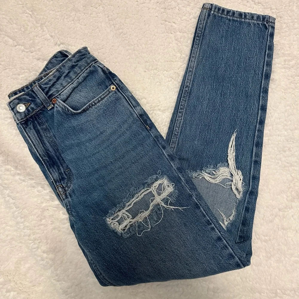 Topshop Mom Jeans Women’s 28 High Rise Distressed Medium Wash Denim